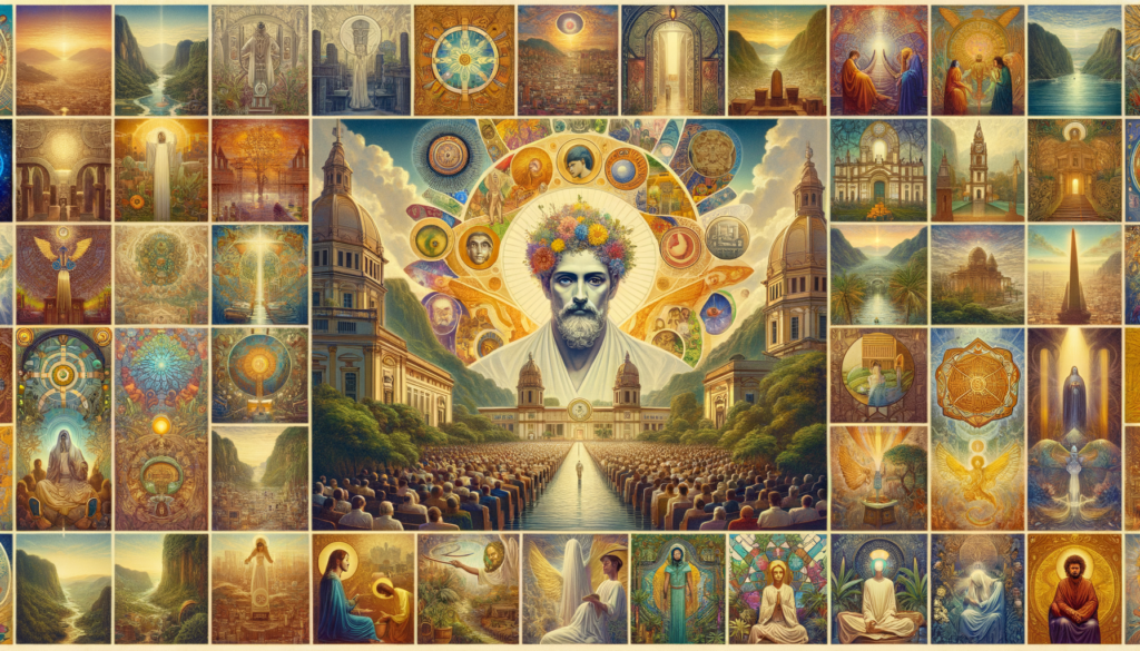 Uma colagem representando diversos aspectos do Espiritismo no Brasil, incluindo centros espíritas, obras literárias famosas, figuras importantes como Chico Xavier, e símbolos de caridade e estudo.