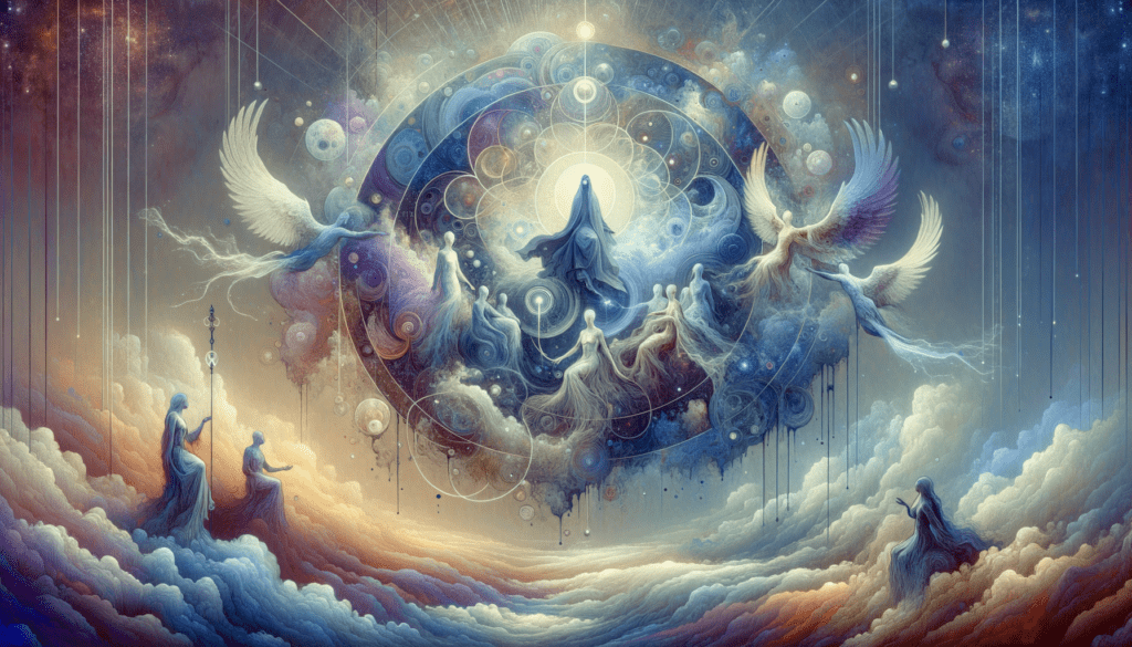 Ilustração artística mostrando a manifestação de espíritos em forma de luz interagindo com silhuetas humanas em um cenário místico.