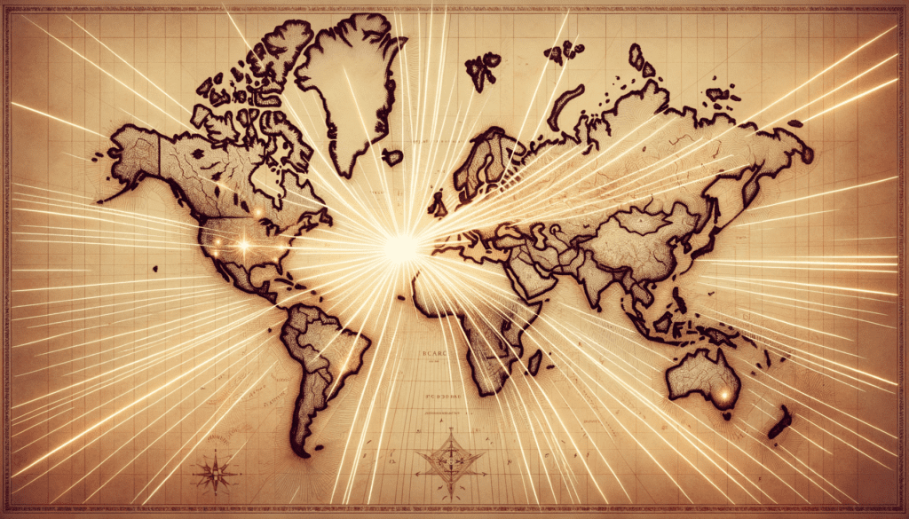 Uma representação visual da propagação global da Doutrina Espírita, mostrando um mapa-múndi com pontos de luz se espalhando a partir da França, simbolizando a difusão do conhecimento espírita pelo mundo.